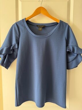Ashley Stewart Dusty Blue Ruffle Sleeve Top